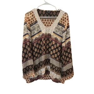 About A Girl Los Angeles Boho Patchwork Print Crochet V-Neck Blouse XL